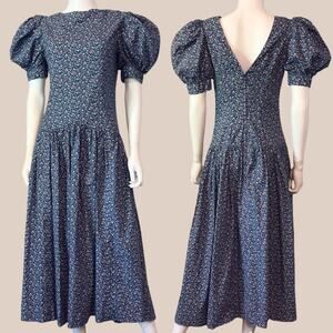 Cottagecore Midi Dress Blue Floral Puff Sleeves Vtg 70s 80s Prairie Size Small